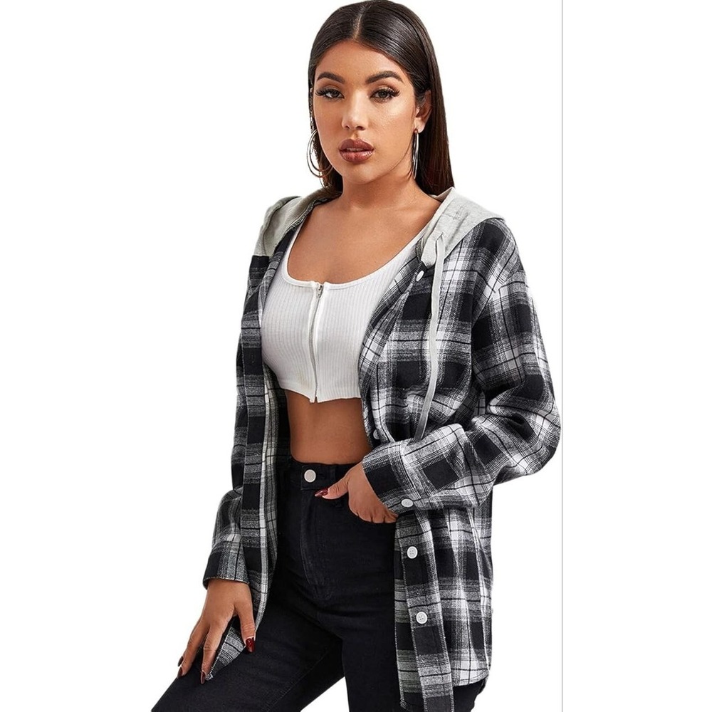 SHEIN Manfinity CozeMod Men Plus Plaid Print Drawstring Hooded Shirt L A000546
